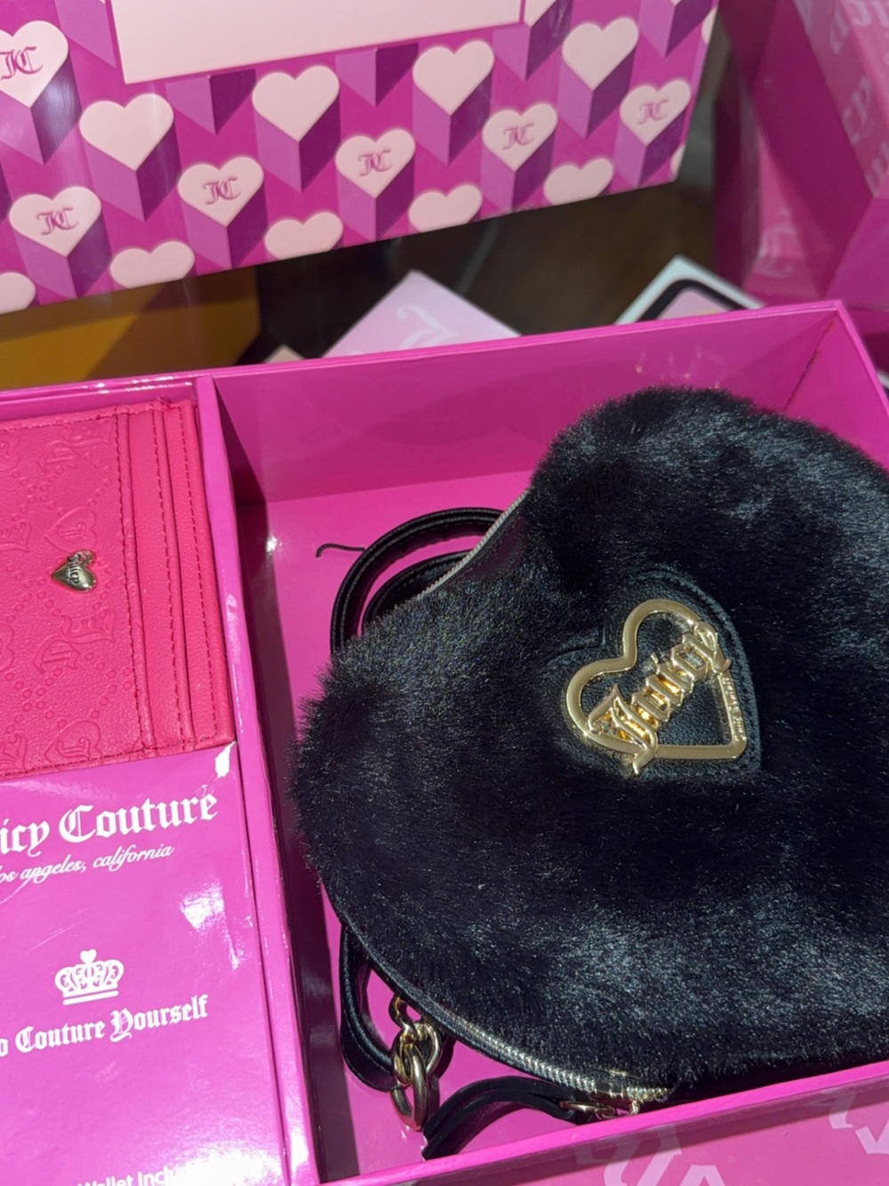 Juicy Couture Black Heart Faux-Fur Crossbody with Gold Logo